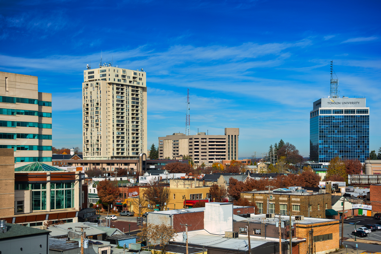 Skyline of Downtown Towson, located in the Baltimore metropolitan area, during autumn.