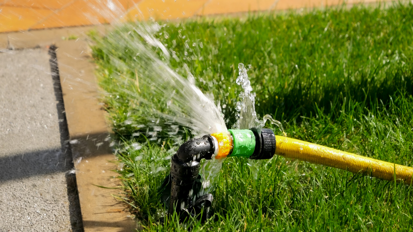 Close-up of water leaking and flowing on green grass lawn through a damaged hose pipe.