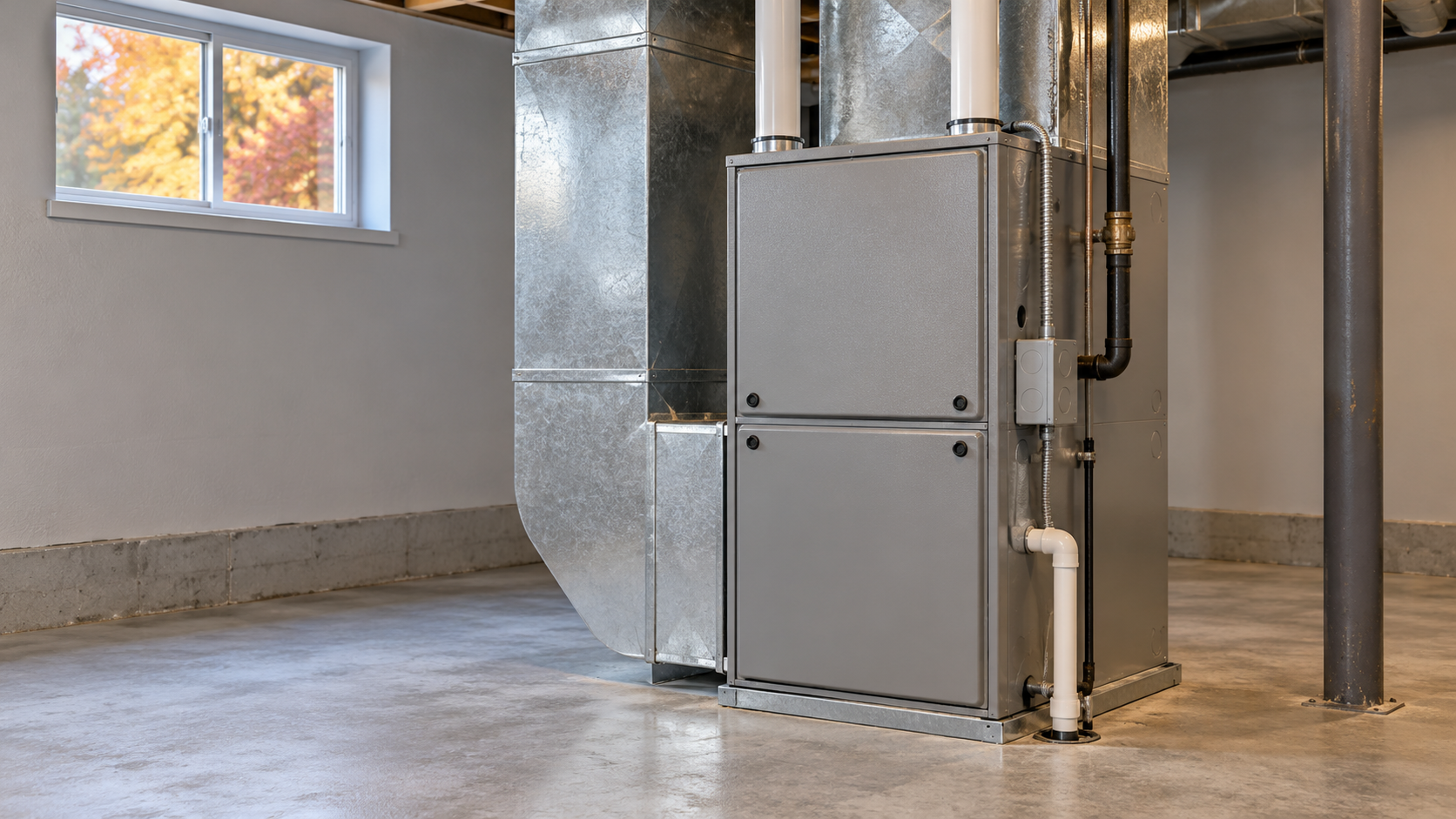 Furnace and ductwork in a tidy basement, with colorful autumn foliage visible through a window.